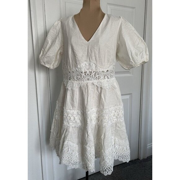 ENDLESS ROSE White Puff Sleeve V-Neck Lace Trim Mini Dress Sz M - Picture 6 of 16